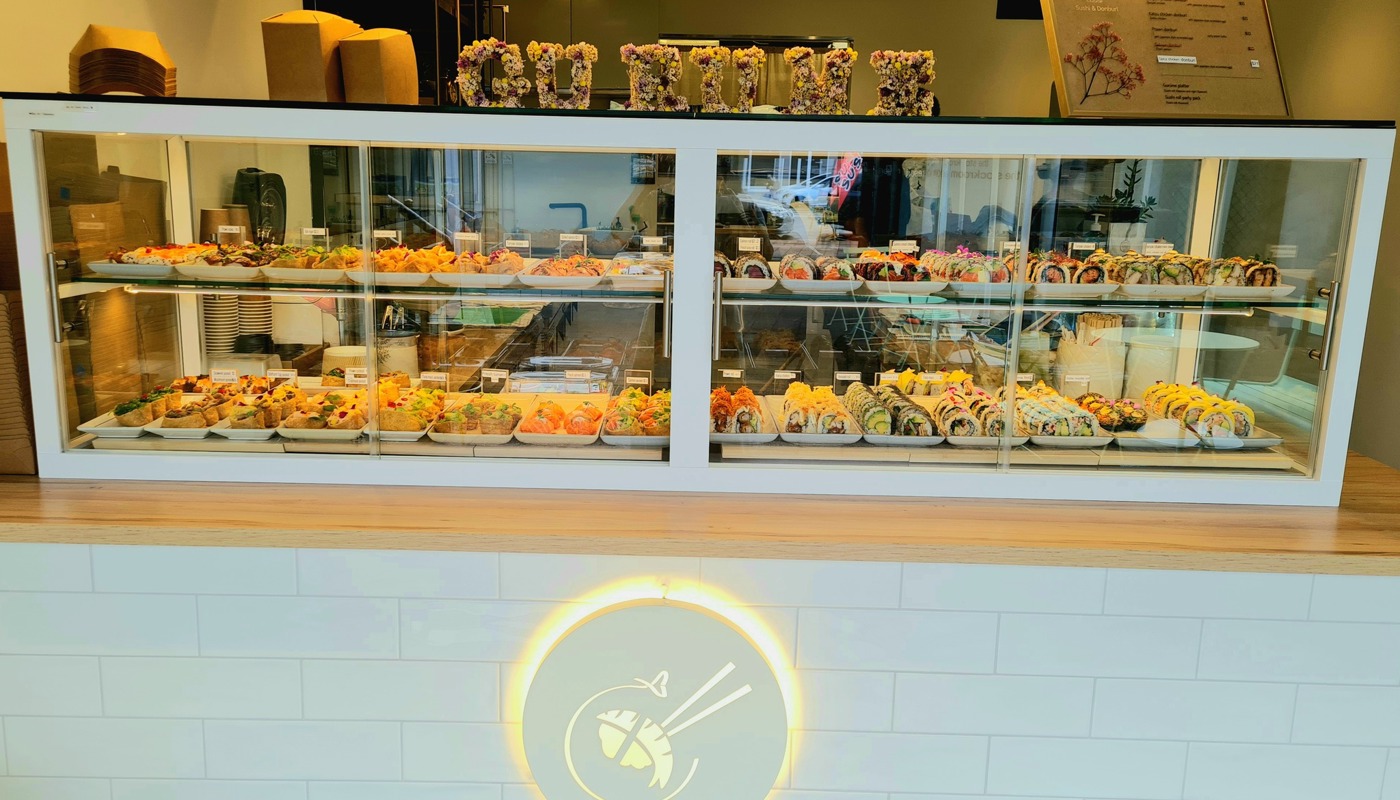 Photo of the Gurume Shop front featuring the sushi cabinet