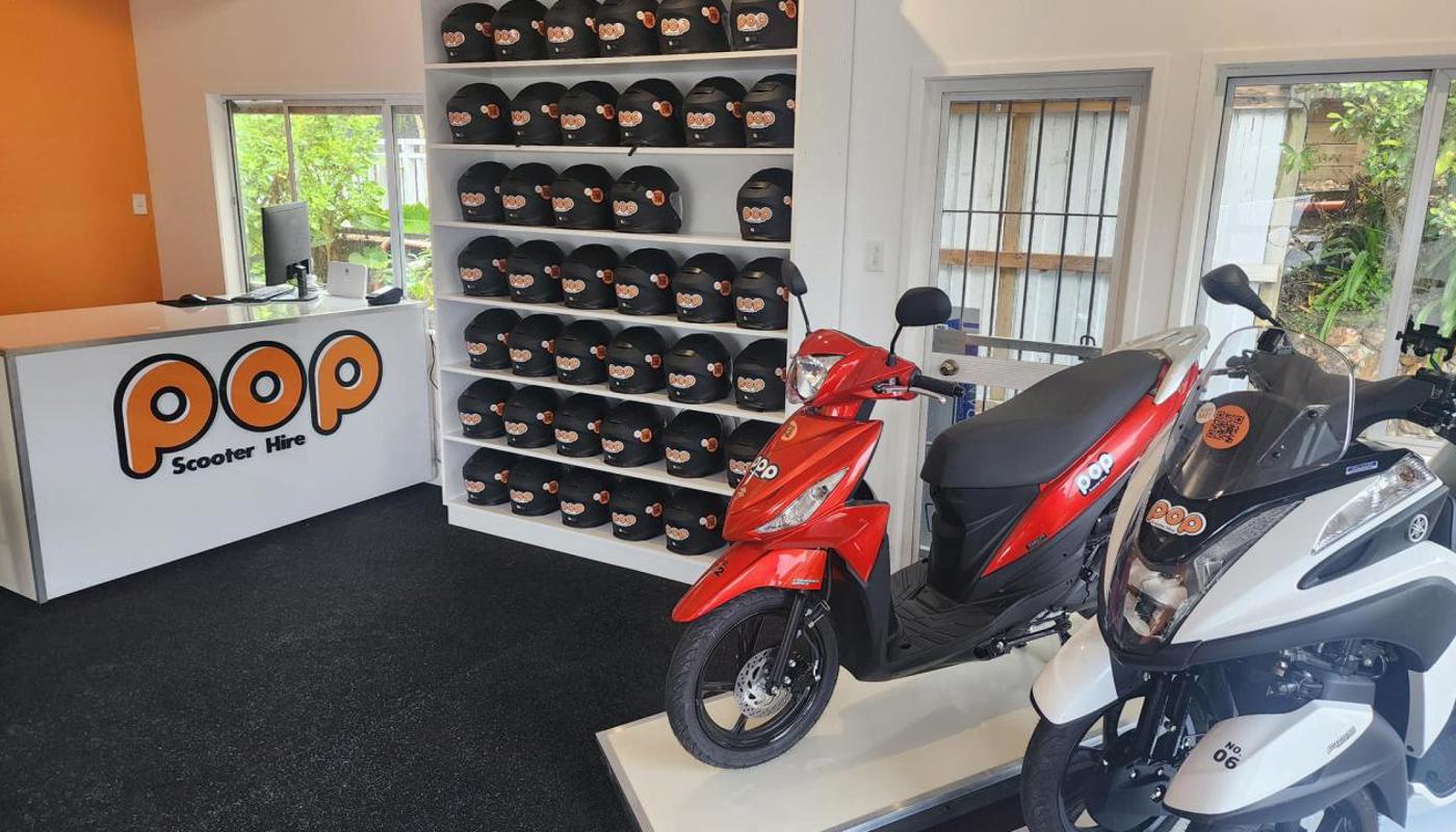 Inside the Pop Scooter Hire shop.
