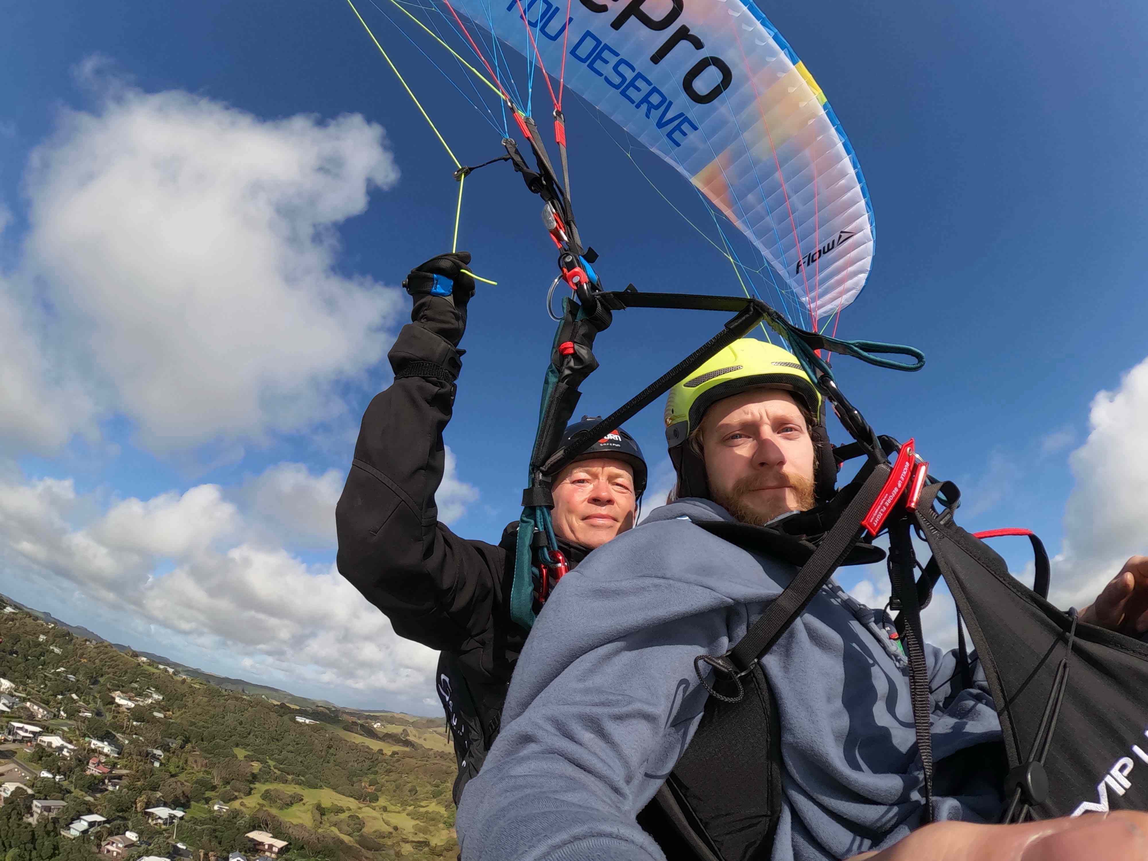 Paragliding Tandem Trial Flight - Muriwai Gannets by air, flying with sea birds